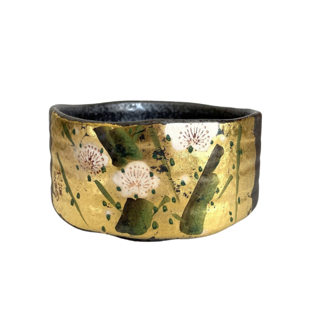 Kutani Ware Matcha Bowl with Gold Leaf and Plum Blossoms