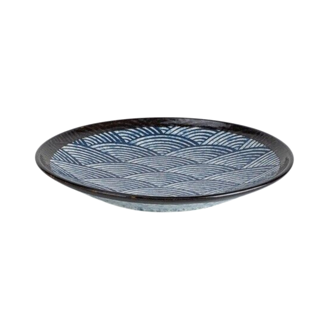 Mino Ware Plate Seigaiha Blue Ocean Wave