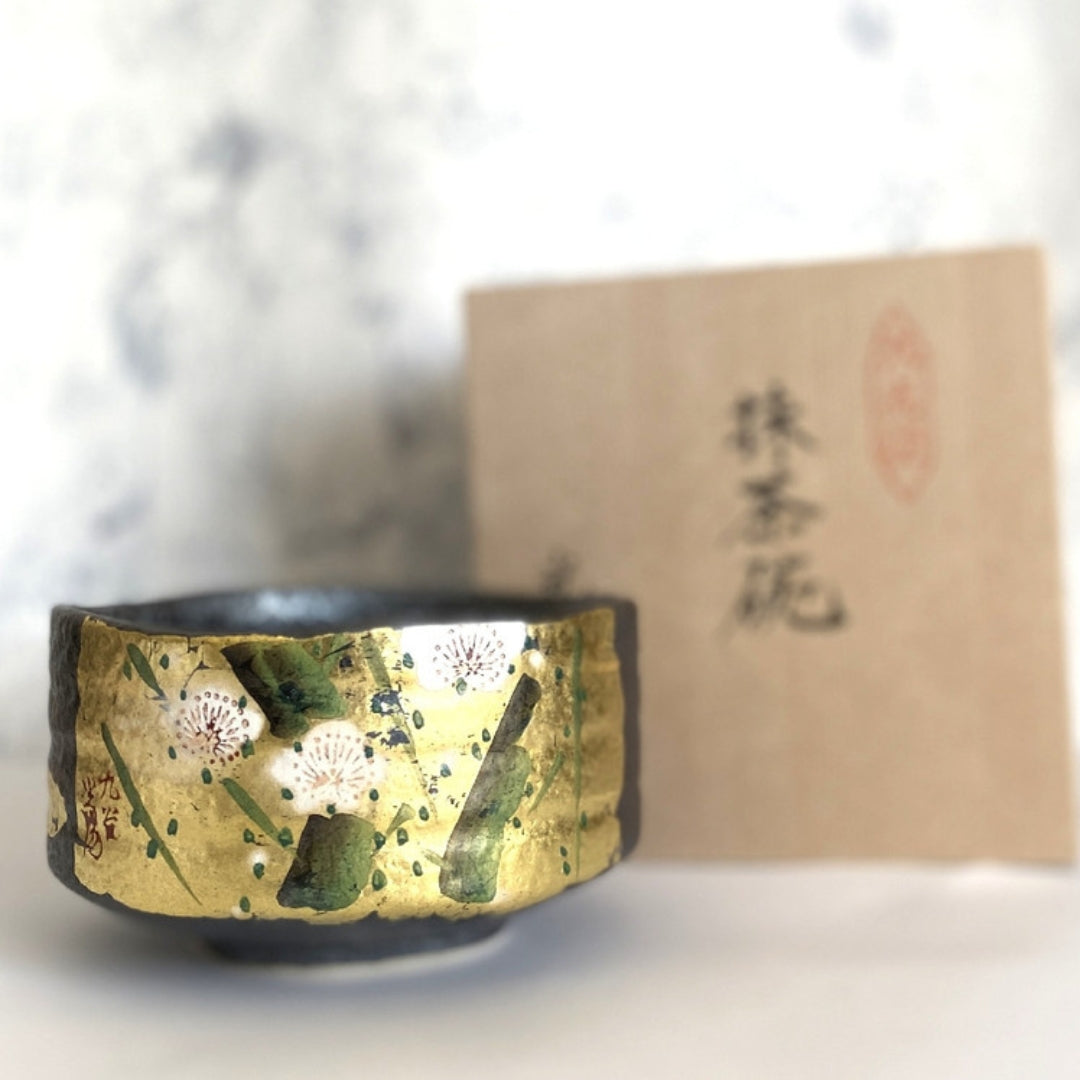 Kutani Ware Matcha Bowl with Gold Leaf and Plum Blossoms